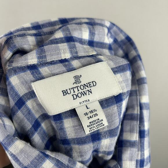 Buttoned Down Mens Shirt Large Blue Linen Blend Fitted Plaid Beachy Preppy - Picture 4 of 7